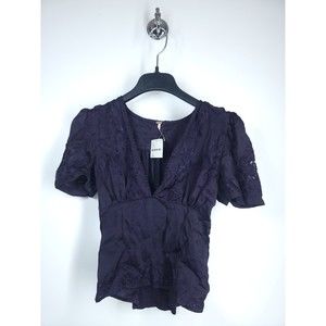Free People Plunging V Neck Plum Purple Embroidered Women's XS Blouse NWT